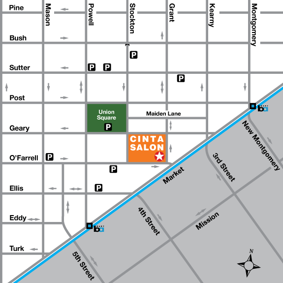 Map to Cinta Salon on Grant Street near Union Square in San Francisco